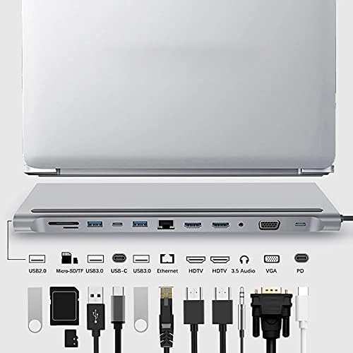 WJCCY 12 em 1 USB C Laptop Docking Station Type-C para dupla HDMI Compatível/VGA/USB 3.0 Hub/PD/RJ/Micro-SD/TF Adaptador de dock