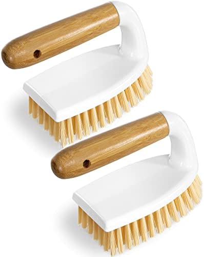Escova de limpeza de 2 pacotes para limpeza com alça de bambu, matrícula de lavagem média de escova de lavagem de banheiro e limpeza de banheira e escova de limpeza de chuveiro, uso de várias cenas para cozinha ou escova de carpete