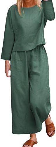 TODOZO Women Cotton Linen Mody Moda confortável Manga curta e calça longa de cor sólida
