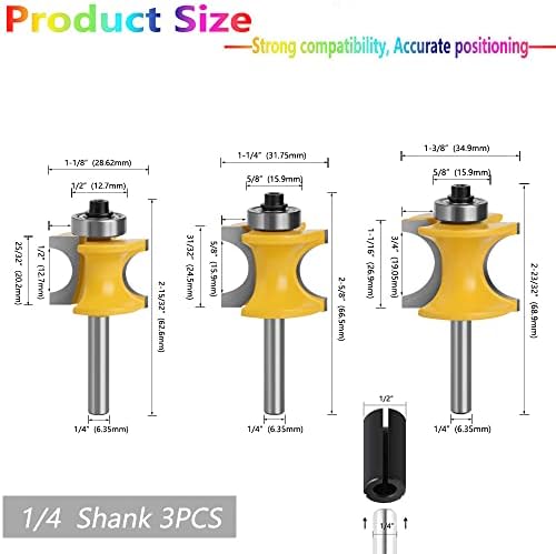 3pcs Bullnose Beading Router Bits Set & Collet, cortador de moagem de borda redonda de 1/4 de polegada de hastes redonda