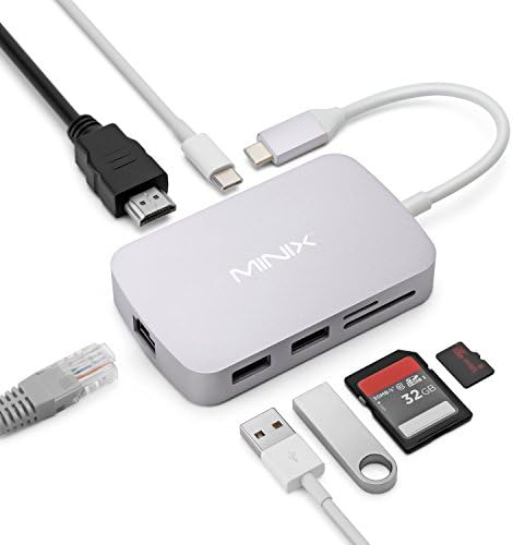 Minix 7 em 1 Adaptador multiporto USB-C com glan, 4K @ 60Hz, 2X USB 3.0, USB-C para entrega de energia, leitores