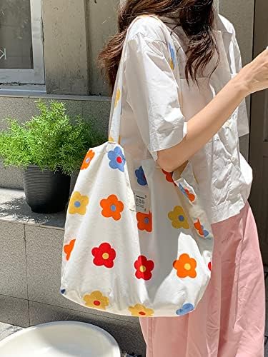 Komociya Floral Tote Bag Estética com 2 bolsos internos, sacola de sacola reutilizável para mulheres, trabalho de viagem à praia, branca