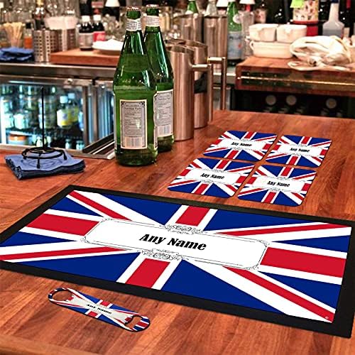 Bandeira personalizada de union jack presente Great Britain Bar Runner Mat, abridor de garrafas combinando e 4 x Drinks