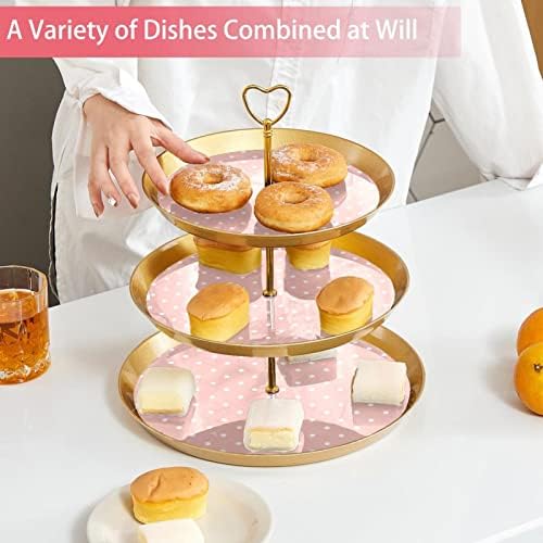 3 Placa de fruta de cupcakes de 3 camadas de sobremesa Plástico para servir suporte de exibição para casamento de aniversário de bebê Decorações de chá de chá de bebê redondo, bolinhas brancas no padrão de fundo rosa