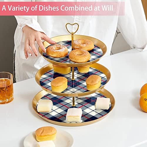 3 Placa de fruta de cupcake de 3 camadas de sobremesa Plástico para servir suporte de exibição para casamento de aniversário Decorações de chá de chá de chá de bebê redondo, bege azul xadrez