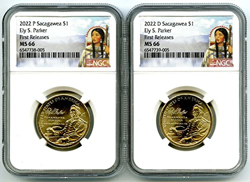 2022 P D Sacagawea Ely S. Parker $ 1 dólar correspondente a 2-Coin Set First Lankes NGC Dollar NGC MS66