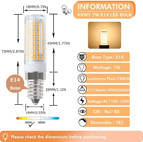 E14 Bulbo LED 7W 120V Lâmpadas européias equivalente a 75w Bulbo incandescente, base E14 diminuída para lâmpadas de lâmpadas turcas do capô de cozinheiro, lâmpada de lâmpada de soquete E14 3000K Branco quente 3000K