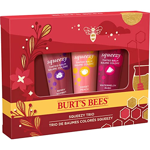 Presentes de Natal de Burt's Bees, 3 Produtos de Stufas de Staque para Cuidados Lips, Squeezy Trio TINTED LIP BALM - SORBET