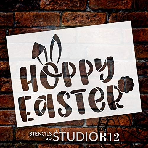 Estêncil de Páscoa Hoppy com orelhas de coelho por Studior12 | DIY Fun Spring Home Decor | Craft & Paint Farmhouse Wood Sinais | Selecione o tamanho