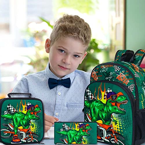 KLFVB 3PCS Boys Backpack, Dinosaur Kids Bookbag e lancheira, mochilas pré -escolares para estudantes do ensino fundamental