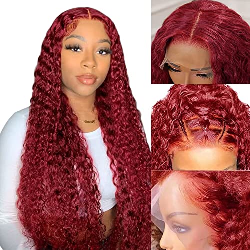 13x4 99j Lace Front Wigs for Women Borgonha Deep Wave Lace Front Wigs Human Human pré -arrancada com cabelos de bebê