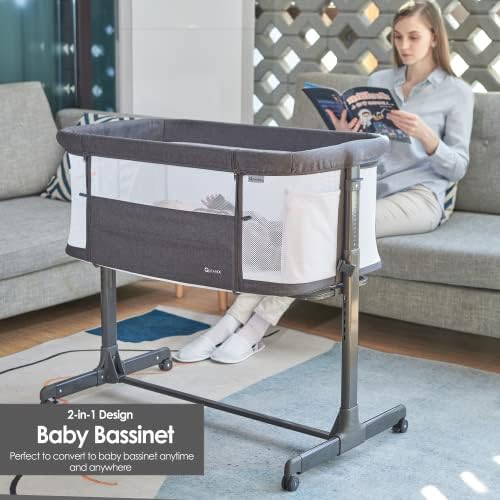 Qutanix baby bassinet a cabeceira de cabeceira com rodas, berço leve dobrável para bebês/bebês, malha respirável e altura ajustável - cinza