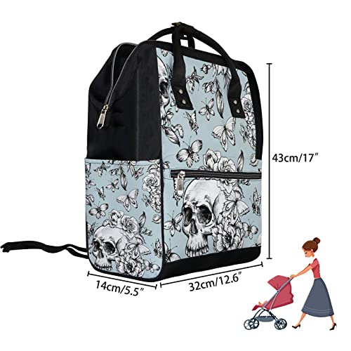 Mochila de bolsa de fraldas para mamãe Goth Skull Butterdlies Flores, bolsas de fraldas para mulheres meninas, Backpack