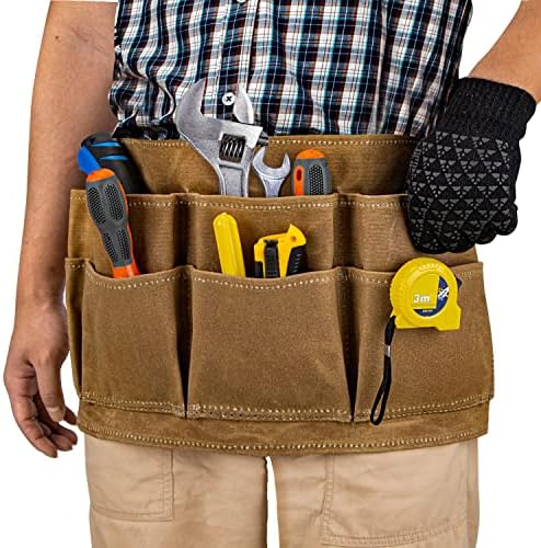Avental da cintura da ferramenta Tobwolf, cinto da cintura de lona encerada, avental de cintura pesada com 8 bolsos e 2 loops de martelo, bolsa de cinto de ferramentas de construção de jardinagem ajustável para homens e mulheres - cáqui