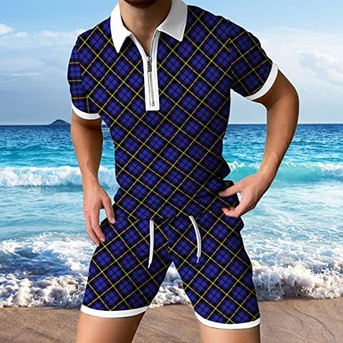 Roupas masculinas de 2 peças roupas masculinas primavera/verão zíper curto com lapela estampa xadrez casual de couro completo