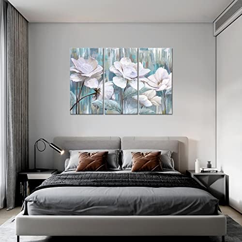 Yaynice 3 peças Arte de parede de flor branca Blossoming On Teal Backbor