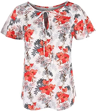 Tops de praia floral de verão feminino agitada de manga curta de luva curta up decote de fechadura conversível V Camisa do Havaí da tripulação de pescoço de pescoço