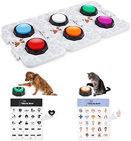 Botões de treinamento gravado para cães, conjunto de 6 cores, campainha de treinamento para cães, botão de cães de cães com 25 adesivos e 3 tapetes, mais alto registro mais claro e mensagem de reprodução para comunicação e treinamento