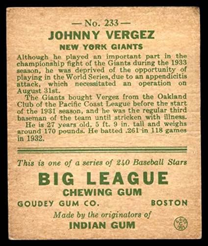 1933 Goudey 233 Johnny Vergez New York Giants VG Giants