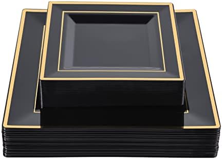 N9R 60 Pacote de placas de plástico quadrado preto com aro de ouro incluem 30 placas de jantar descartáveis ​​de 9,5 polegadas e 30 placas de sobremesas de 6,5 polegadas, pratos sofisticados para casamento de festa