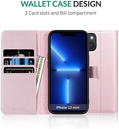 Caixa da carteira Kilino para iPhone 13 Mini 5G [bloqueio de RFID] [couro de Saffiano] [pára-choques absorventes de