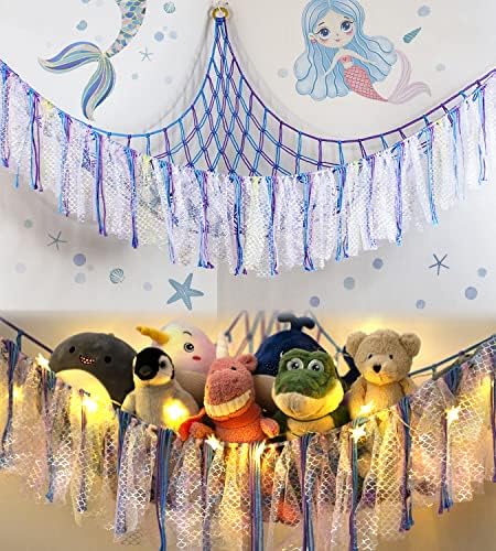 Rede de rede de armazenamento de animais de pelúcia - Holder de animais de pelúcia de sereia com luzes de luzes LED, presentes para meninas de 3 a 10 anos, idéias de organizador de brinquedos jumbo pendurados para meninas decoração de garotas