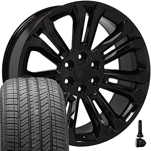 OE Wheels LLC Bordas de 22 polegadas se encaixam Chevy Silverado 1500 22x9 Black 5666 CK156 BIRS com TPMS e 275/55-22 Conjunto de pneus