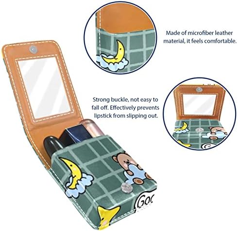 Bolsa de batom de batom de maquiagem de oryuekan com espelho portátil de armazenamento de batom portátil Organizador de armazenamento de brilho labial, boa noite cartoon gato urso estrela lua adorável