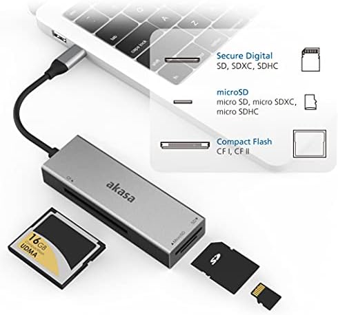 Akasa USB 3.2 Tipo C Leitor de cartões 3 em 1 | Adaptador de cartão de alumínio | Leitor de cartão USB C | Transferência