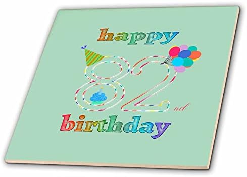 3drose feliz 82º aniversário, cupcake com vela, balões, chapéu, colorido - azulejos