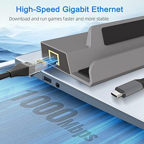 Henrety Docking Station for Steam Deck, 6 em 1 USB C Hub com HDMI 2.0 4K@60Hz, Gigabit Ethernet, 3 USB-A 3.0 e Cargo de velocidade total compatível