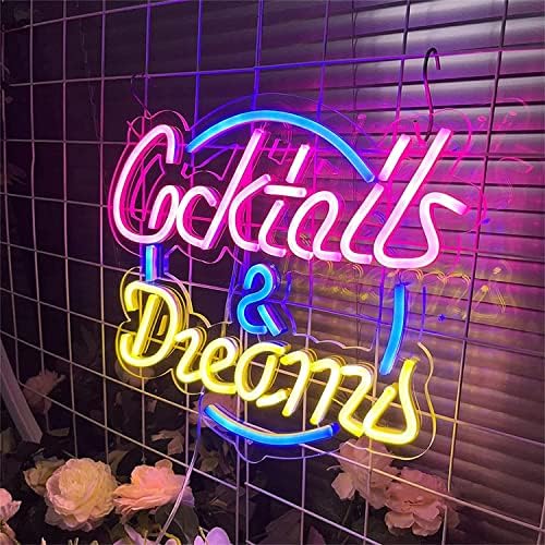 DVTEL Coquetéis e sonhos liderados letra de néon, decoração de festa luzes noturnas luzes de neon acrílico, placa luminosa pendurada na parede, cafeteria de restaurante de hotel 50x39cm