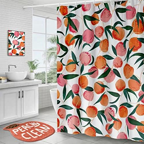 Cortina de chuveiro de pêssego Conjunto de decoração de banheiro de tapete de banho, boho tapete de banheiro rosa pêssego
