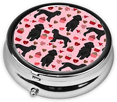 Caixa de comprimidos de cães de poodles rosa, caixa de comprimidos redondos, caixa de comprimidos de três compartimentos de metal, fácil de transportar