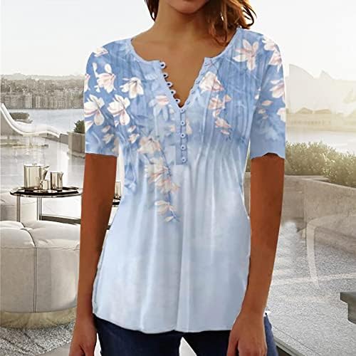 Tops femininos V Button Button Down Plated Ruched Bloups Flowy