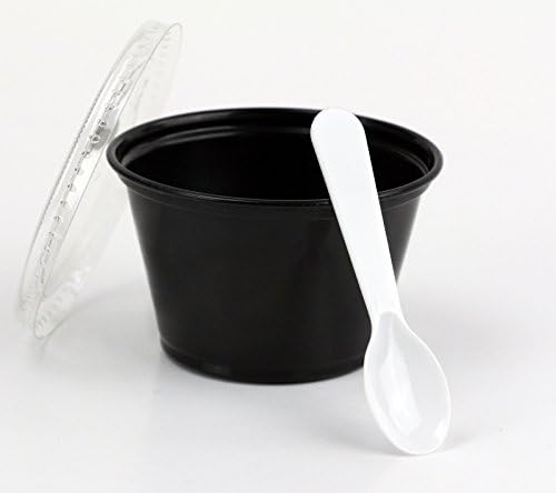 Copos de condimentos plásticos pretos de 4 onças descartáveis ​​com tampas e colheres de amostragem de 3 , porção de suflê, gelelo