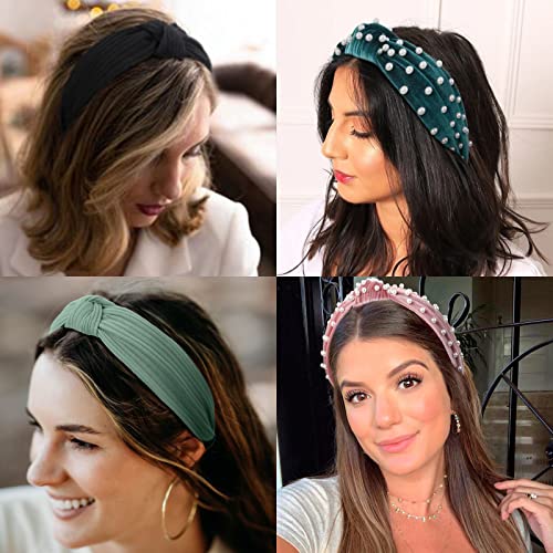 Bandas de cabeça de Wovowovo para mulheres garotas com nó de pérolas largas faixas de cabeça superior faixas de cabeça para o cabelo