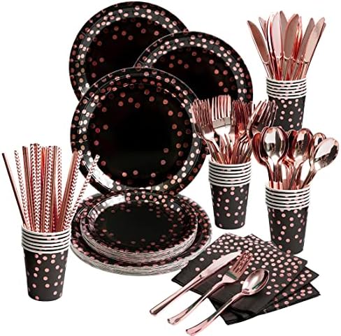 200 peças Black and Rose Gold Party Supplies - DOT de ouro rosa em pratos pretos de papel guardanapos de palha e xícaras Silverwares