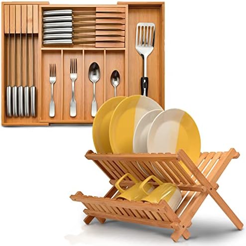 Bambüsi colapsível rack de secagem e organizador de utensílios para gavetas de cozinha