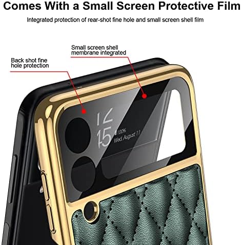 Dearhot Ultra Fining Lozenge Leather Case para Samsung Galaxy Z Flip3 5G, 9H Câmera de vidro Tampa do protetor com correia de anel, pele de proteção de proteção completa de dois estágios à prova de choque de dois estágios