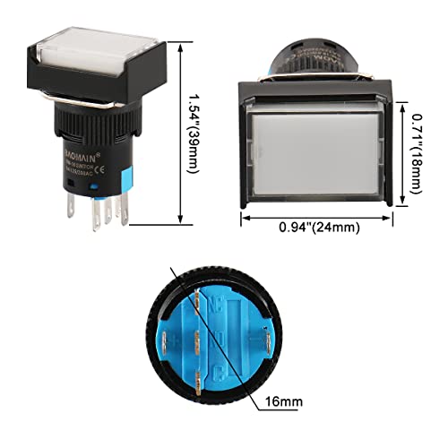 Baomain 5/8 Push botão de 16 mm Chave de tampa retangular momentânea Lâmpada LED LUZ Branco DC 12V SPDT 5 PIN de 5 pinos