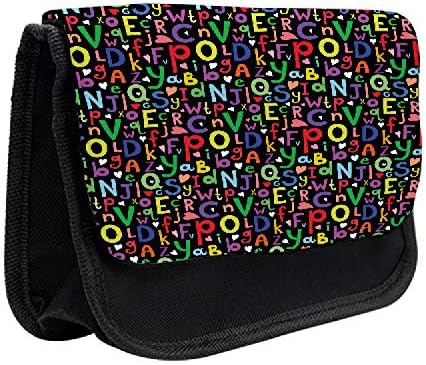 Caixa de lápis ABC lunarable, letras vintage e corações, bolsa de lápis de caneta com zíper duplo, 8,5 x 5,5, multicolor