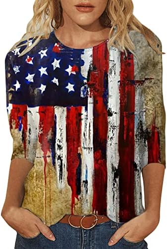 4 de julho Camisas para Women USA Flag Summer 3/4 Sleeve Crewneck Camise