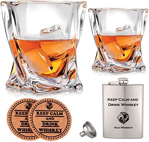 Vaci Crystal Whisky Glasses-Conjunto de 2 copos de bourbon, copos para beber uísque escocês, conhaque, uísque irlandês, grande premium de 10 onças sem chumbo com frascos de aço inoxidável, xícaras, caixa de presente de luxo