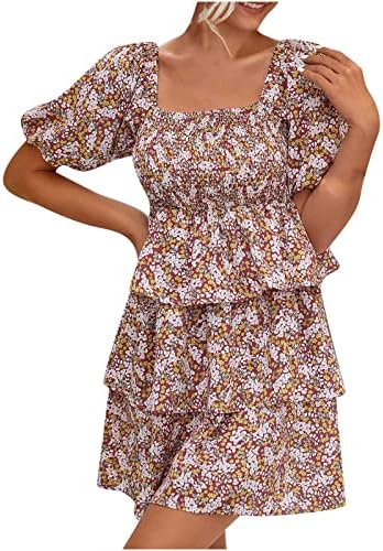 Vestidos de pescoço quadrado de verão feminino vestidos de manga curta estampa floral plufle mini vestido casual flowy swing