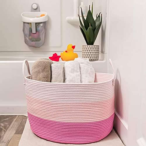 Cesta de lavanderia de corda larga + cesta de corda de algodão grande - rosa/branco
