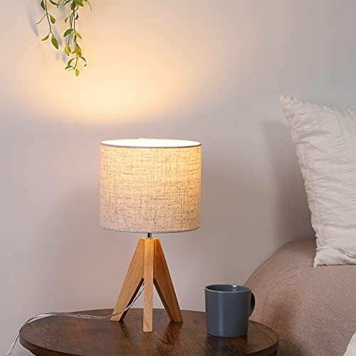 Lâmpada de mesa de cabeceira de Dewenwils, candeeiro de mesa de tripé madeira com tom de tecido de linho, pequena lâmpada