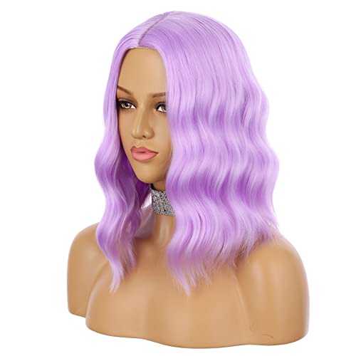 peruca roxa enilecor, perucas de cor curta Bob peruca para mulheres, ondulação natural colorida de 14 polegadas de 14 polegadas perucas sintéticas para figurino de festa de cosplay （lavanda roxa)