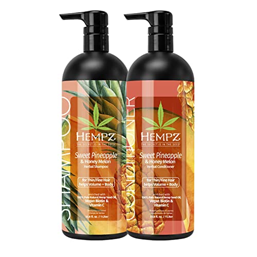 Hempz Hair Shamoo & Condicionador Conjunto - Abacaxi doce e perfume de melão para cabelos finos/finos seco, danificado