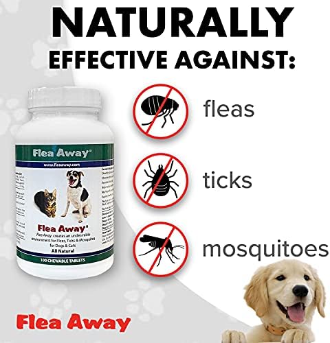 Flea Away todo suplemento natural para pulgas, carrapatos e prevenção de mosquitos para cães e gatos, 100 comprimidos mastigáveis,